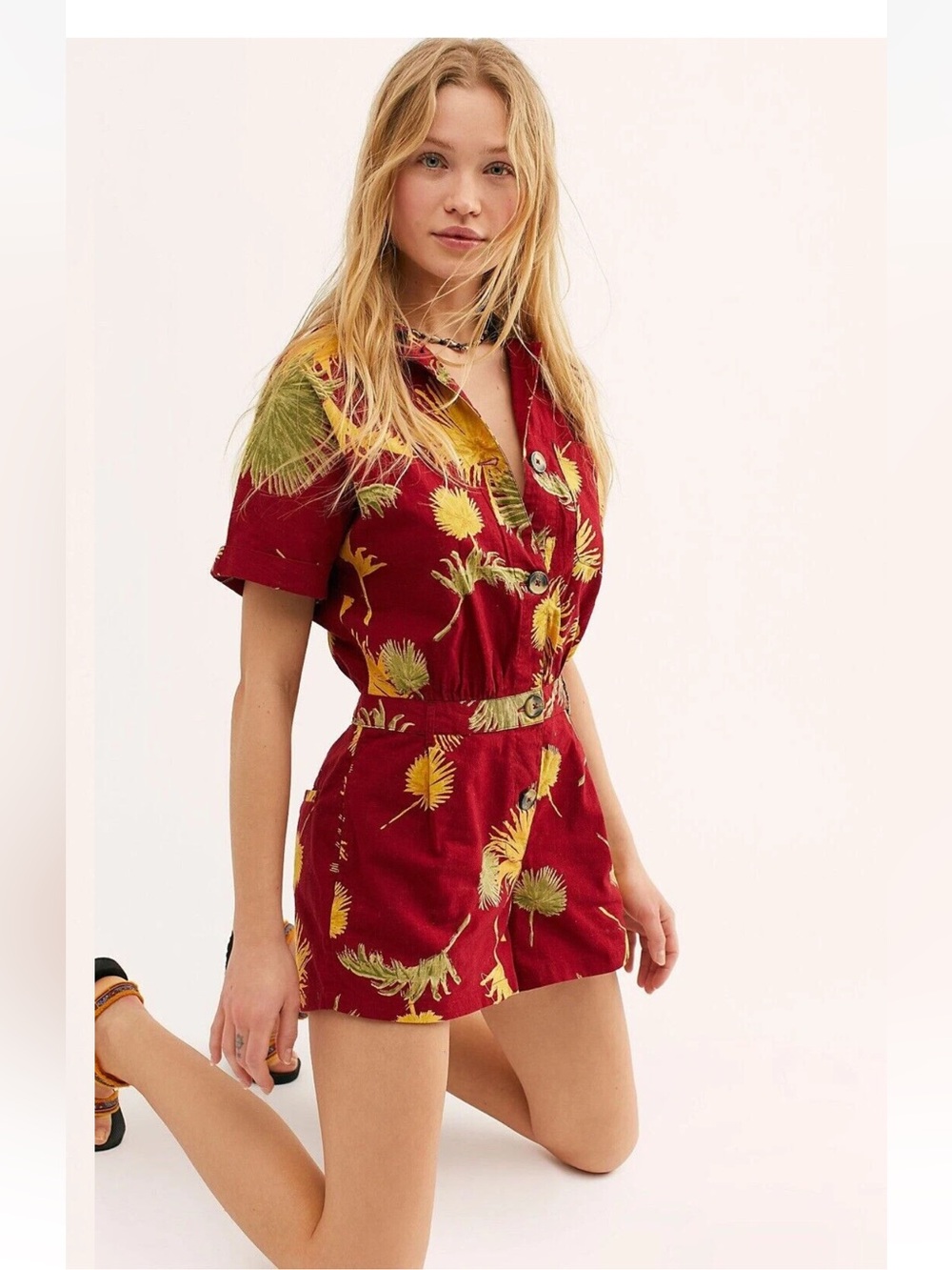 Free People Burgundy /Red Floral Button Up Romper with Yellow & Green Print